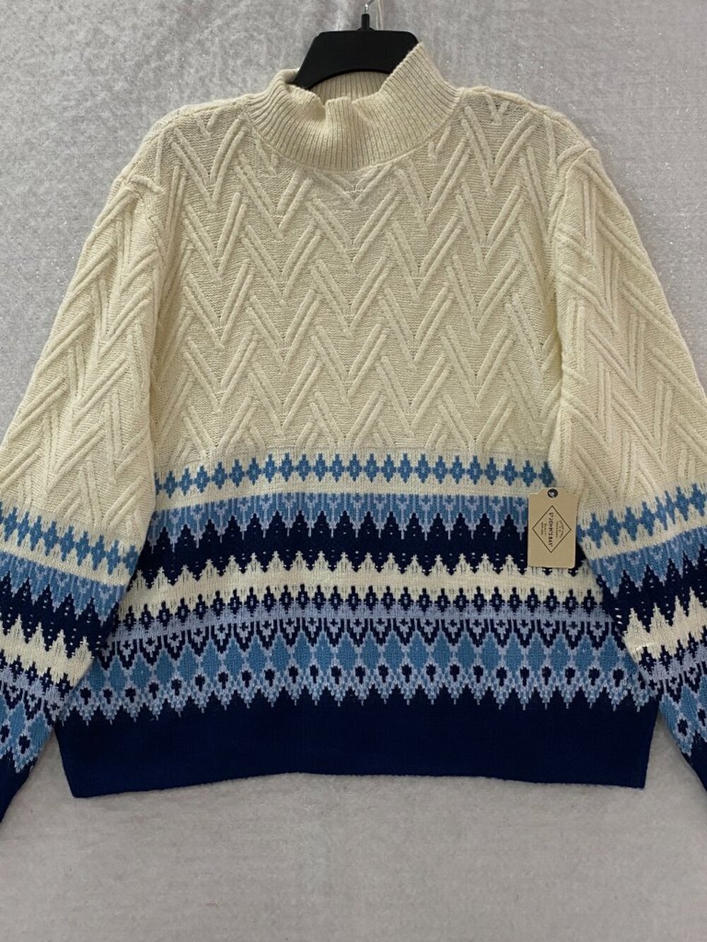 St. Johns Bay Fair Isle Mock Neck Sweater Ivory Blue Women’s XXL Textured Knit